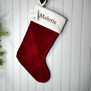 Pottery Barn MALORIE Classic White Red Velvet Christmas Stocking Mono NWOT